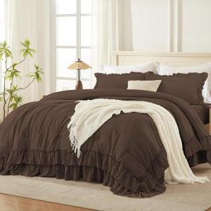 imageAndency White Ruffle Comforter Full Set 3pcs Vintage Farmhouse Shabby Chic Bedding Comforter Set Soft Lightweight Fluffy Bed Comforter Sets All Season Bedding SetBrown