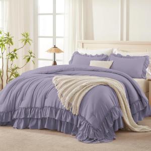 imageAndency White Ruffle Comforter Full Set 3pcs Vintage Farmhouse Shabby Chic Bedding Comforter Set Soft Lightweight Fluffy Bed Comforter Sets All Season Bedding SetGrayish Purple