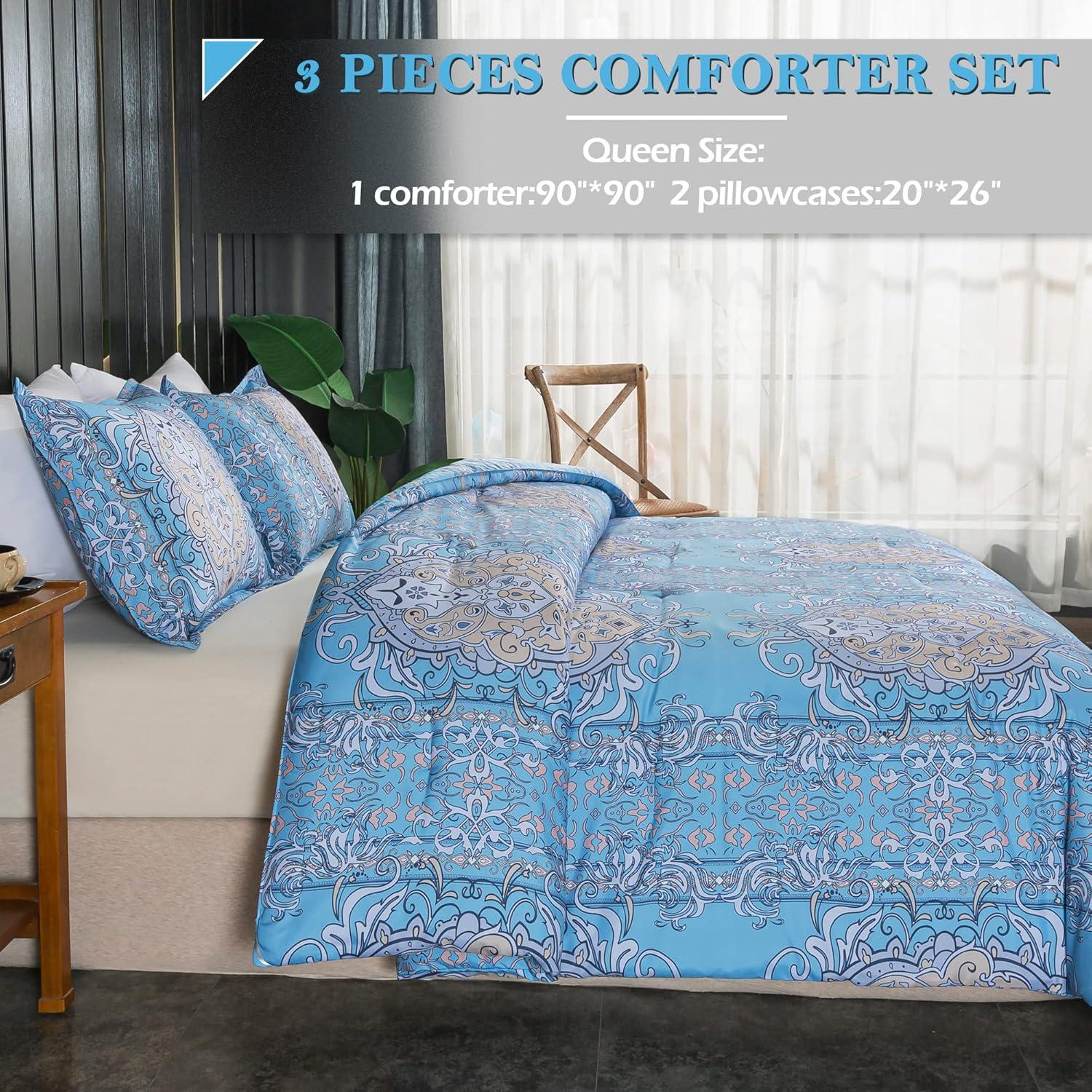 imageAndency Paisley Queen Size Comforter Set Blue  Soft Microfiber Comforter Sets 3 Pieces 90  90Inch Elegant Vintage Paisley Bed Set