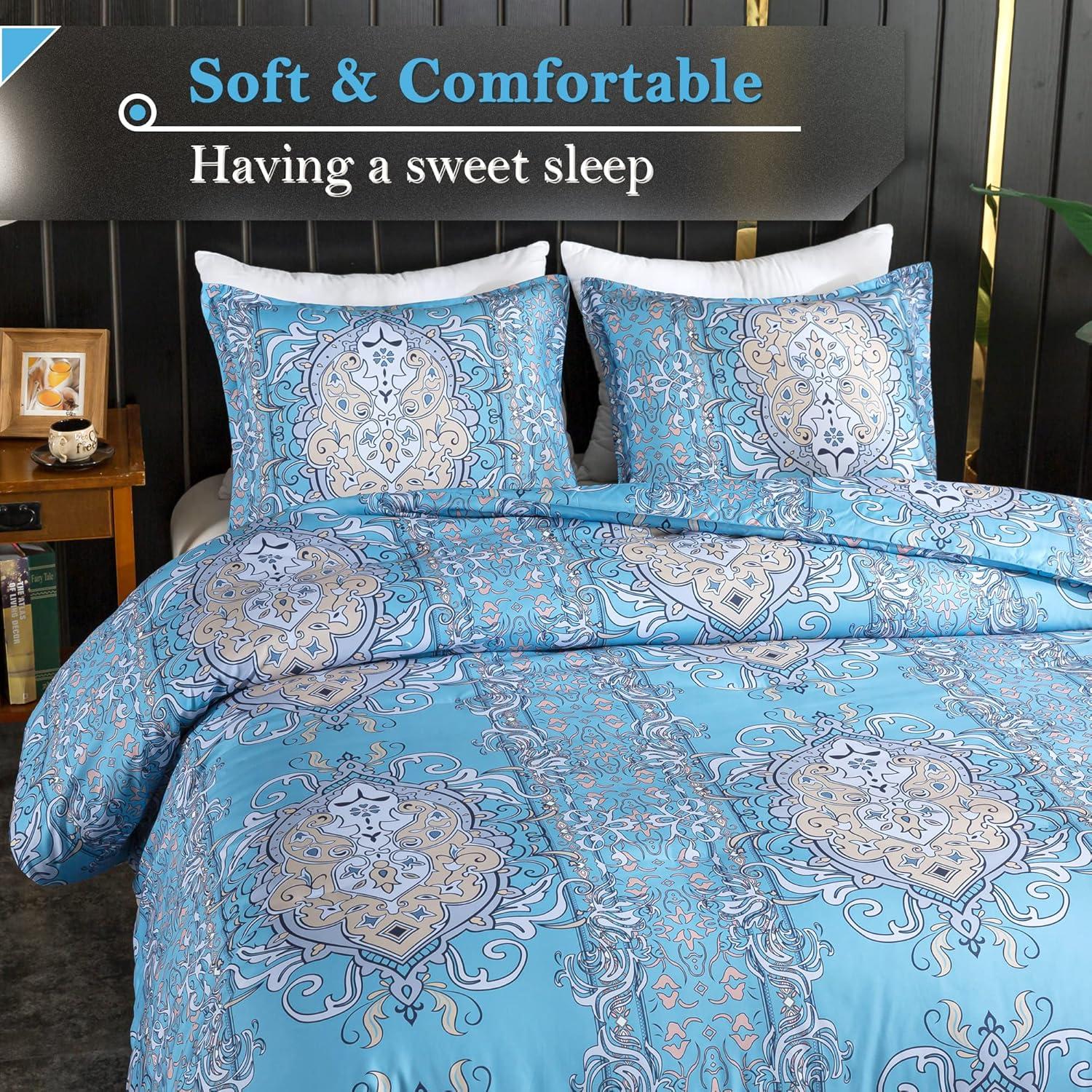 imageAndency Paisley Queen Size Comforter Set Blue  Soft Microfiber Comforter Sets 3 Pieces 90  90Inch Elegant Vintage Paisley Bed Set