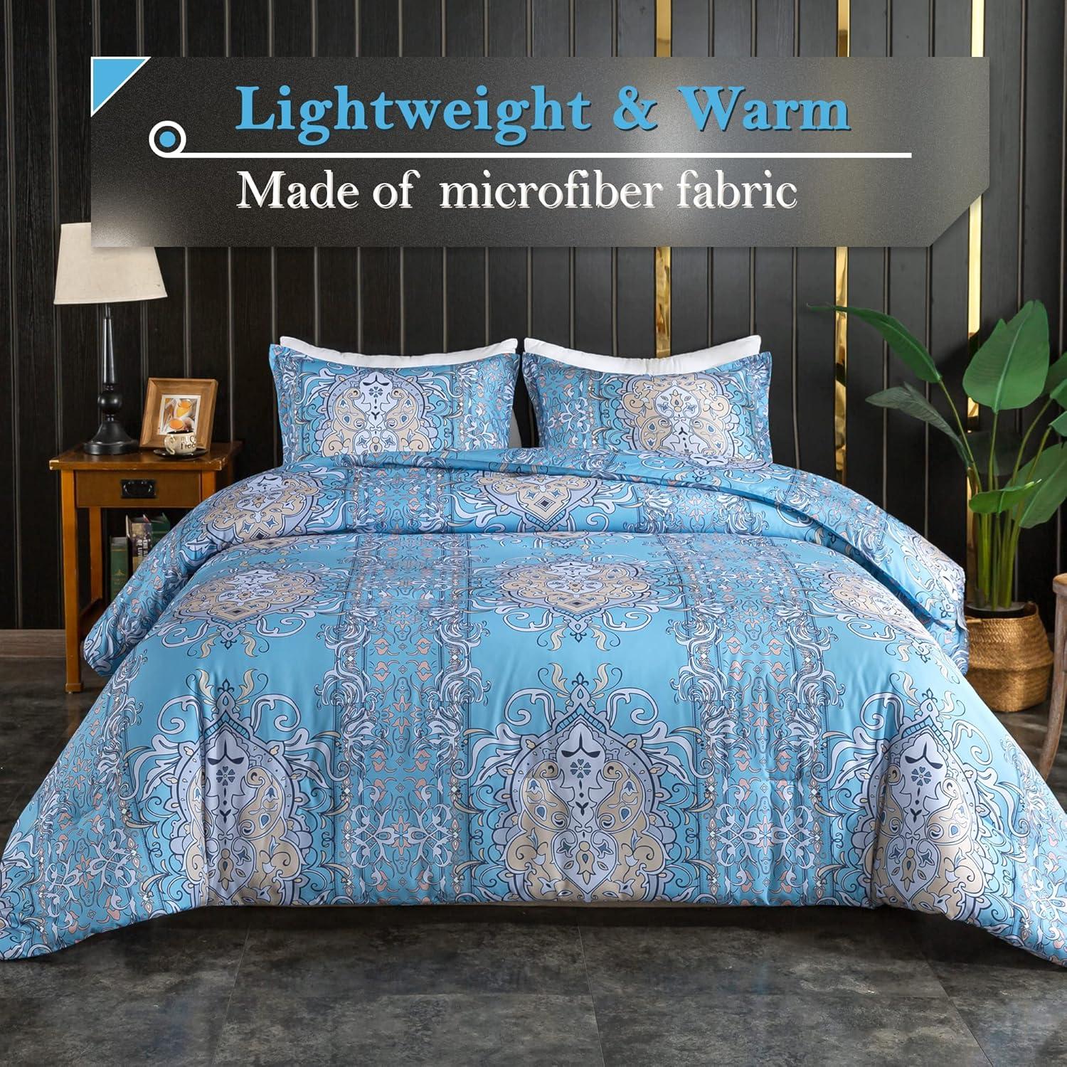 imageAndency Paisley Queen Size Comforter Set Blue  Soft Microfiber Comforter Sets 3 Pieces 90  90Inch Elegant Vintage Paisley Bed Set