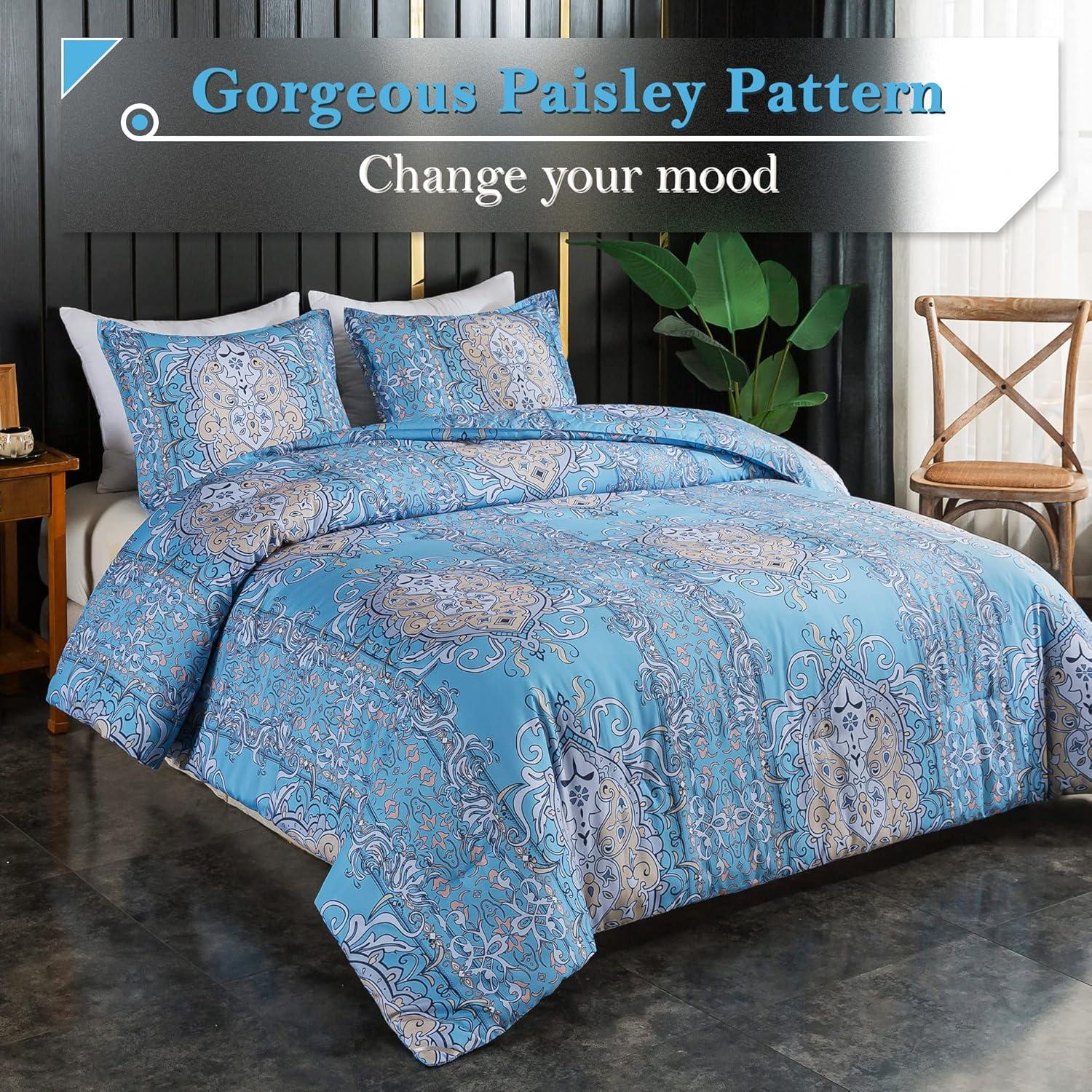 imageAndency Paisley Queen Size Comforter Set Blue  Soft Microfiber Comforter Sets 3 Pieces 90  90Inch Elegant Vintage Paisley Bed Set