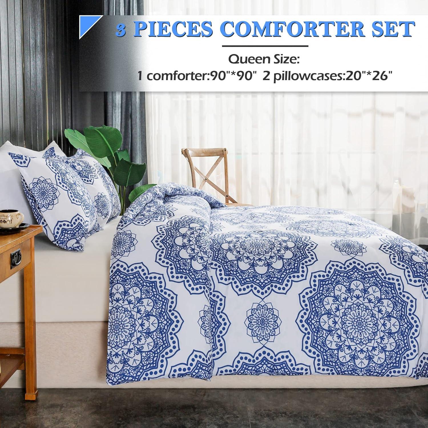 imageAndency Paisley Queen Size Comforter Set Navy  Medallion Damask Comforter Set 3 Pieces 90  90Inch Elegant Vintage Paisley Bed Set