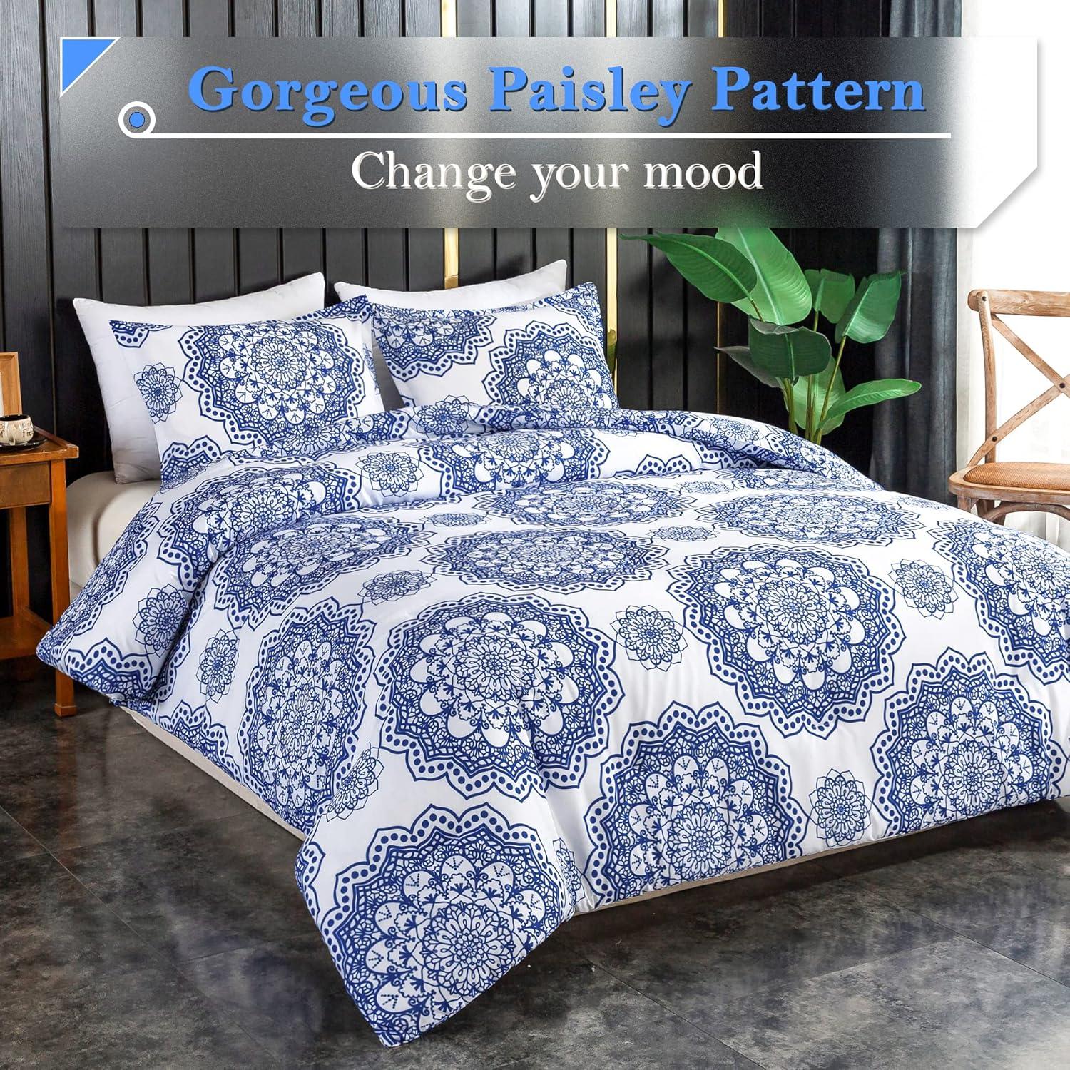 imageAndency Paisley Queen Size Comforter Set Navy  Medallion Damask Comforter Set 3 Pieces 90  90Inch Elegant Vintage Paisley Bed Set