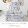 imageAndency White Floral Comforter Set Queen Size 90x90 Inch 3 Pieces Reversible Plant Flower Printed Bed in a Bag Lightweight Soft Microfiber Comforter Bedding Set with Corner Loops