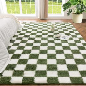 imageAndency 3x5 Ft Black and White Area Rug for Living Room Classic Checkered Shaggy Rug NonSlip High Pile Soft Fluffy Rug Fuzzy Carpet Bedroom Kids Toddler Room Nursery Playroom Cute Dorm Home DecorGreen and White