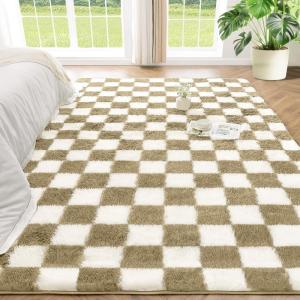imageAndency 3x5 Ft Black and White Area Rug for Living Room Classic Checkered Shaggy Rug NonSlip High Pile Soft Fluffy Rug Fuzzy Carpet Bedroom Kids Toddler Room Nursery Playroom Cute Dorm Home DecorBeige and White