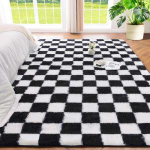 imageAndency 3x5 Ft Black and White Area Rug for Living Room Classic Checkered Shaggy Rug NonSlip High Pile Soft Fluffy Rug Fuzzy Carpet Bedroom Kids Toddler Room Nursery Playroom Cute Dorm Home DecorBlack and White