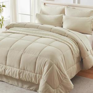 imageAndency Beige Comforter Set King Size 7 Pieces Bed in a Bag Bedding Sets All Season Soft Fluffy Reversible Warm Comforter Flat Sheet Fitted Sheet 2 Pillow Shams 2 PillowcasesBeige