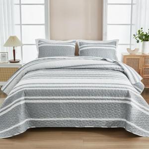imageAndency California King Quilt Set Grey White 112x104 Inch 3 Pieces 1 Cal King Patchwork Striped Printed Quilt and 2 Pillowcases Soft Lightweight Reversible Microfiber Bedspread Coverlet Bedding