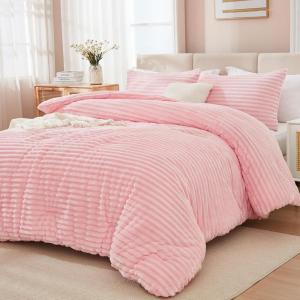 imageAndency Fluffy Queen Comforter Set Super Soft White Comforters Queen Size Winter Warm Fleece Faux Fur Bedding Set Luxury Plush Fuzzy Bed Set 3 Pieces 1 Shaggy Comforter 2 PillowcasesPink