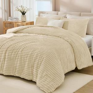 imageAndency Fluffy Queen Comforter Set Super Soft White Comforters Queen Size Winter Warm Fleece Faux Fur Bedding Set Luxury Plush Fuzzy Bed Set 3 Pieces 1 Shaggy Comforter 2 PillowcasesBeige