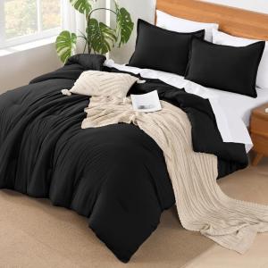 imageAndency King Size Comforter Set  7 Pieces Bed in a Bag King Bedding Comforter Sets Oatmeal Winter Solid Soft Lightweight Comforter with Fitted Sheets Flat Sheets Pillowcases ampamp Shams10  Black