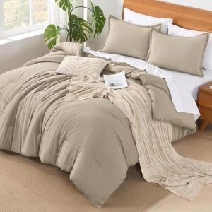 imageAndency King Size Comforter Set  7 Pieces Bed in a Bag King Bedding Comforter Sets Oatmeal Winter Solid Soft Lightweight Comforter with Fitted Sheets Flat Sheets Pillowcases ampamp Shams12  Khaki
