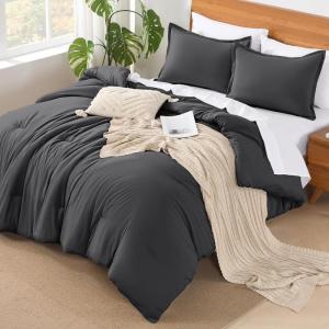 imageAndency King Size Comforter Set  7 Pieces Bed in a Bag King Bedding Comforter Sets Oatmeal Winter Solid Soft Lightweight Comforter with Fitted Sheets Flat Sheets Pillowcases ampamp Shams07  Dark Grey