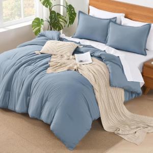 imageAndency King Size Comforter Set  7 Pieces Bed in a Bag King Bedding Comforter Sets Oatmeal Winter Solid Soft Lightweight Comforter with Fitted Sheets Flat Sheets Pillowcases ampamp Shams15  Grey Blue