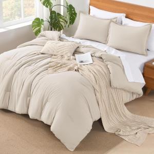imageAndency King Size Comforter Set  7 Pieces Bed in a Bag King Bedding Comforter Sets Oatmeal Winter Solid Soft Lightweight Comforter with Fitted Sheets Flat Sheets Pillowcases ampamp Shams02  Beige