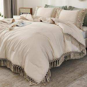 imageAndency King Size Comforter Set Beige 3 Pieces Boho Tassel Lightweight Soft Bedding Comforter Sets for King Bed All Season Fluffy Bed Set 104x90In Comforter ampamp 2 PillowcasesBeige