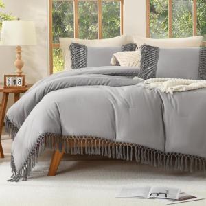imageAndency King Size Comforter Set Beige 3 Pieces Boho Tassel Lightweight Soft Bedding Comforter Sets for King Bed All Season Fluffy Bed Set 104x90In Comforter ampamp 2 PillowcasesMedium Grey