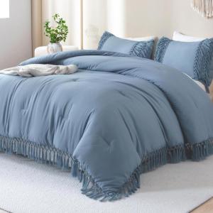 imageAndency King Size Comforter Set Beige 3 Pieces Boho Tassel Lightweight Soft Bedding Comforter Sets for King Bed All Season Fluffy Bed Set 104x90In Comforter ampamp 2 PillowcasesGrayish Blue