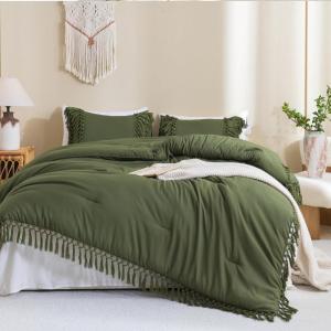 imageAndency King Size Comforter Set Beige 3 Pieces Boho Tassel Lightweight Soft Bedding Comforter Sets for King Bed All Season Fluffy Bed Set 104x90In Comforter ampamp 2 PillowcasesOlive Green