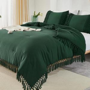 imageAndency King Size Comforter Set Beige 3 Pieces Boho Tassel Lightweight Soft Bedding Comforter Sets for King Bed All Season Fluffy Bed Set 104x90In Comforter ampamp 2 PillowcasesEmerald