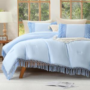imageAndency King Size Comforter Set Beige 3 Pieces Boho Tassel Lightweight Soft Bedding Comforter Sets for King Bed All Season Fluffy Bed Set 104x90In Comforter ampamp 2 PillowcasesLight Blue
