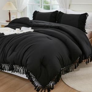 imageAndency King Size Comforter Set Beige 3 Pieces Boho Tassel Lightweight Soft Bedding Comforter Sets for King Bed All Season Fluffy Bed Set 104x90In Comforter ampamp 2 PillowcasesBlack