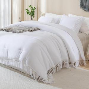 imageAndency King Size Comforter Set Beige 3 Pieces Boho Tassel Lightweight Soft Bedding Comforter Sets for King Bed All Season Fluffy Bed Set 104x90In Comforter ampamp 2 PillowcasesWhite