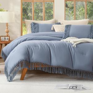 imageAndency King Size Comforter Set Beige 3 Pieces Boho Tassel Lightweight Soft Bedding Comforter Sets for King Bed All Season Fluffy Bed Set 104x90In Comforter ampamp 2 PillowcasesBluish Grey