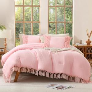 imageAndency King Size Comforter Set Beige 3 Pieces Boho Tassel Lightweight Soft Bedding Comforter Sets for King Bed All Season Fluffy Bed Set 104x90In Comforter ampamp 2 PillowcasesLight Pink