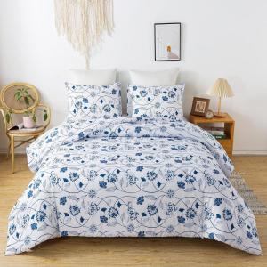 imageAndency Navy Floral Comforter Set Queen Size 90x90 Inch 3 Pieces Soft Microfiber Vintage Flower Bedding Comforter Sets Aesthetic Cute Bed Set for All Season
