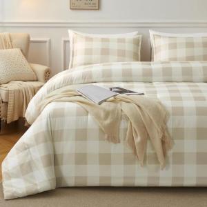 imageAndency Navy Grid Comforter Set Full Size 79x90 Inch 3 Pieces1 Grid Comforter and 2 Pillowcases Summer Lightweight Microfiber Down Alternative Navy Comforter with White LinesBeige