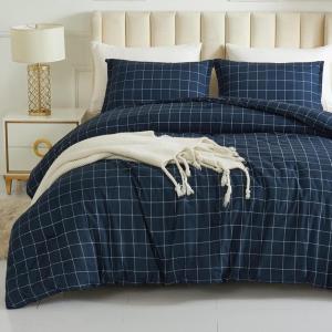 imageAndency Navy Grid Comforter Set Full Size 79x90 Inch 3 Pieces1 Grid Comforter and 2 Pillowcases Summer Lightweight Microfiber Down Alternative Navy Comforter with White LinesNavy