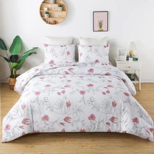 imageAndency Pink Floral Comforter Set Queen Size 90x90 Inch  3 Pieces Soft Microfiber Vintage Flower Bedding Comforter Sets Aesthetic Cute Bed Set for All Season