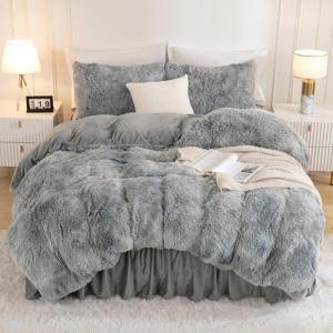 imageAndency Queen Comforter Set Black Fluffy Winter Faux Fur Warm Soft Plush Bedding Comforter Set 1 Velvet Comforter ampamp 2 Pillowcases Fuzzy Thick Heavy Puffy Comforters Bed Set07  Tiedyed Gray White