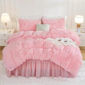 imageAndency Queen Comforter Set Black Fluffy Winter Faux Fur Warm Soft Plush Bedding Comforter Set 1 Velvet Comforter ampamp 2 Pillowcases Fuzzy Thick Heavy Puffy Comforters Bed Set04  Pink