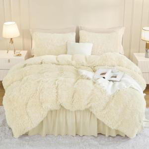 imageAndency Queen Comforter Set Black Fluffy Winter Faux Fur Warm Soft Plush Bedding Comforter Set 1 Velvet Comforter ampamp 2 Pillowcases Fuzzy Thick Heavy Puffy Comforters Bed Set11  Light Beige