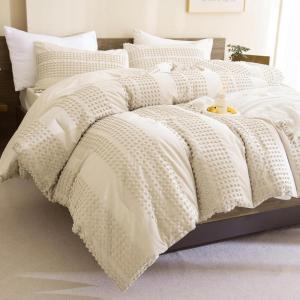 imageAndency Queen Size Comforter Set Beige 3 Pieces Boho Vintage Solid Bedding Comforter Sets for King Bed All Season Pom Pom Soft Fluffy Bed Set