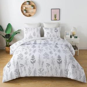 imageAndency White Floral Comforter Set Queen Size 90x90 Inch 3 Pieces Reversible Plant Flower Printed Bed in a Bag Lightweight Soft Microfiber Comforter Bedding Set with Corner Loops