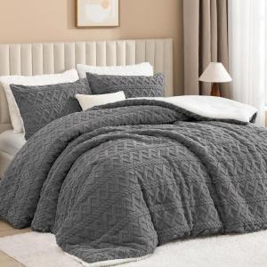 imageAndency Fluffy Sherpa King Comforter Set Super Soft Beige Fleece Warm Bedding for Winter Luxury Jacquard Boho Thick Fuzzy Plush Bed Set 3 Pieces1 Shaggy Comforter 2 PillowcasesGrey