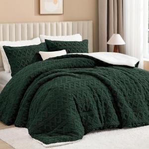 imageAndency Fluffy Sherpa King Comforter Set Super Soft Beige Fleece Warm Bedding for Winter Luxury Jacquard Boho Thick Fuzzy Plush Bed Set 3 Pieces1 Shaggy Comforter 2 PillowcasesDark Green