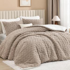 imageAndency Fluffy Sherpa King Comforter Set Super Soft Beige Fleece Warm Bedding for Winter Luxury Jacquard Boho Thick Fuzzy Plush Bed Set 3 Pieces1 Shaggy Comforter 2 PillowcasesKhaki