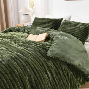 imageAndency White Fluffy Duvet Cover King Striped Plush Microfiber Fleece Comforter Cover UltraSoft Lightweight Bed Set 3 Piece Warm Faux Fur Bedding for All Season TwoWay ZipperOlive Green  No Comforter