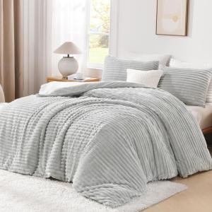 imageAndency White Fluffy Duvet Cover King Striped Plush Microfiber Fleece Comforter Cover UltraSoft Lightweight Bed Set 3 Piece Warm Faux Fur Bedding for All Season TwoWay ZipperGray  No Comforter