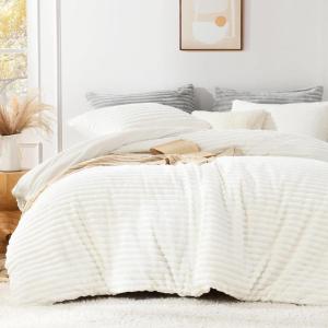 imageAndency White Fluffy Duvet Cover King Striped Plush Microfiber Fleece Comforter Cover UltraSoft Lightweight Bed Set 3 Piece Warm Faux Fur Bedding for All Season TwoWay ZipperWhite  No Comforter