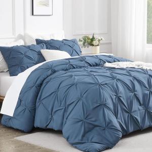imageAndency White Queen Comforter Set90x90Inch 3 Pieces Cute Pinch Pleat Bedding Comforters ampamp Sets for Queen Bed Soft Lightweight Fluffy Down Alternative All Season Bed SetOcean Blue