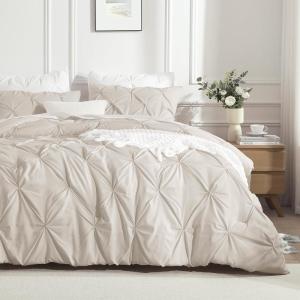 imageAndency White Queen Comforter Set90x90Inch 3 Pieces Cute Pinch Pleat Bedding Comforters ampamp Sets for Queen Bed Soft Lightweight Fluffy Down Alternative All Season Bed SetBeige