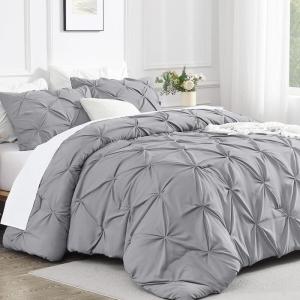 imageAndency White Queen Comforter Set90x90Inch 3 Pieces Cute Pinch Pleat Bedding Comforters ampamp Sets for Queen Bed Soft Lightweight Fluffy Down Alternative All Season Bed SetSilver Gray