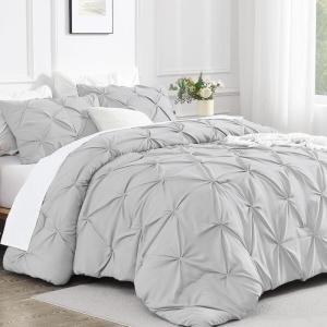 imageAndency White Queen Comforter Set90x90Inch 3 Pieces Cute Pinch Pleat Bedding Comforters ampamp Sets for Queen Bed Soft Lightweight Fluffy Down Alternative All Season Bed SetLight Gray